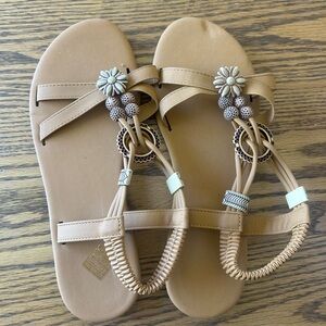 Women’s Tan Beaded Floral T-Strap Sandals